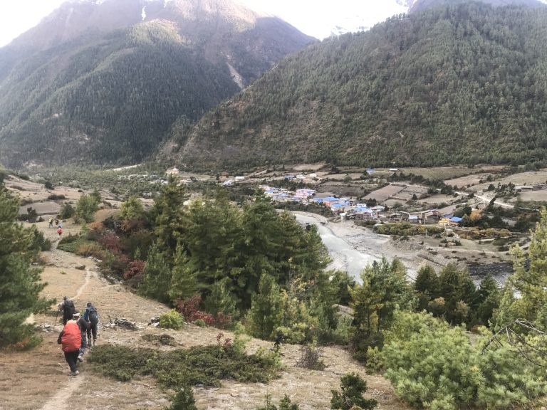 Lower Pisang Village seen while descending from Ngawal toward Chame