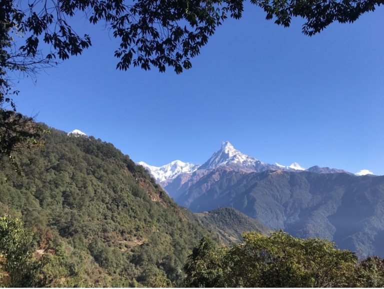 Majestic Machhapuchhre (Fishtail) Rising Above the Green Himalayan Hills